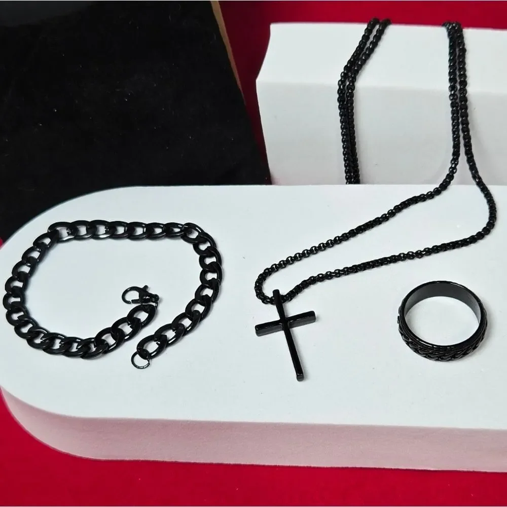 Men’s Black Cross Necklace Bracelet Ring 3pc Set Minimalist Faith Grad Gift NWT